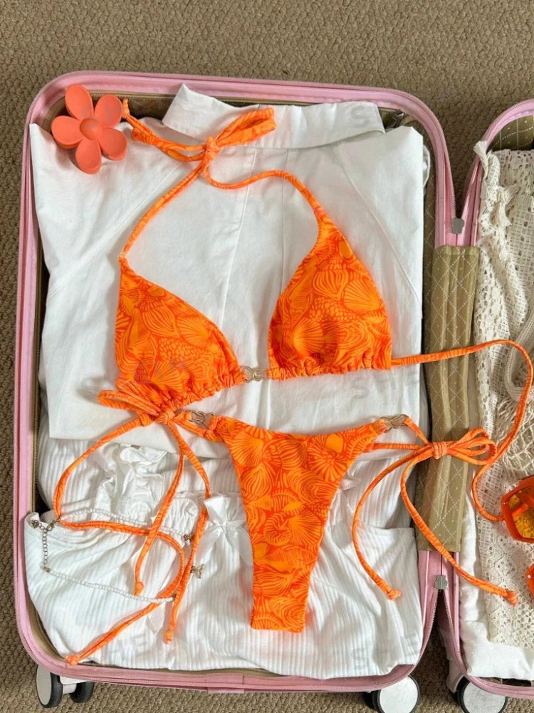 Sexy Orange Leaves Print Micro Bikini 2026 Women Summer Push Up Bra Tie Side Thong Swimsuit Summer Bathing Suit Holiday Swimwear
