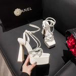 15CM Sexy Party Women's Pumps Summer Sandals Thick High Heel Platform Fish Mouth Shoes Black White Sandalias De Mujer