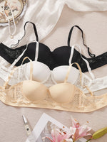 3PCS Women Demi Cup Lace Bra Detachable Straps Underwire Push Up Brassiere Sexy Stylish Strapless Lingerie