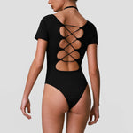 Summer Women's Cross Hollow Back Yoga Jumpsuit Short Sleeved Slimming Sports Overalls High Stretch Push Up Fitness Bodysuit