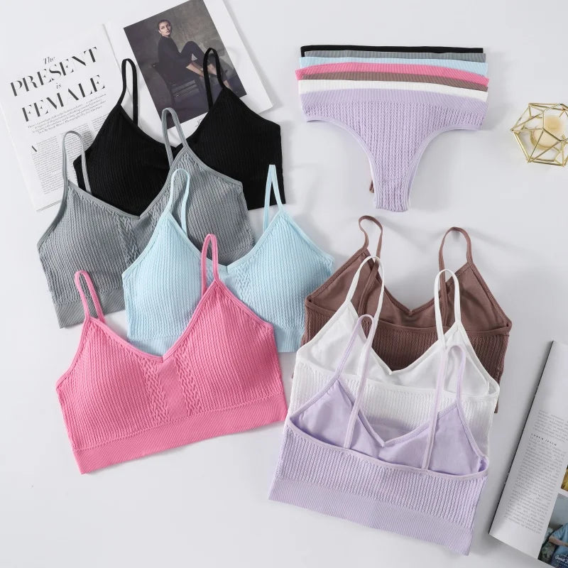 Women Seamless Bra Panties Set Push-Up Non-wire Bralette Low-Rise Briefs Sexy Lingerie Female Comfort Rib Sports Underwear Set