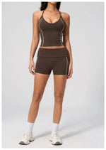 2PCS Women Yoga Sets Color Contrast Hanging Neck V Neck Slimming Sports Tank Top Flip High Waist Shorts Gym Running Fitness Suit