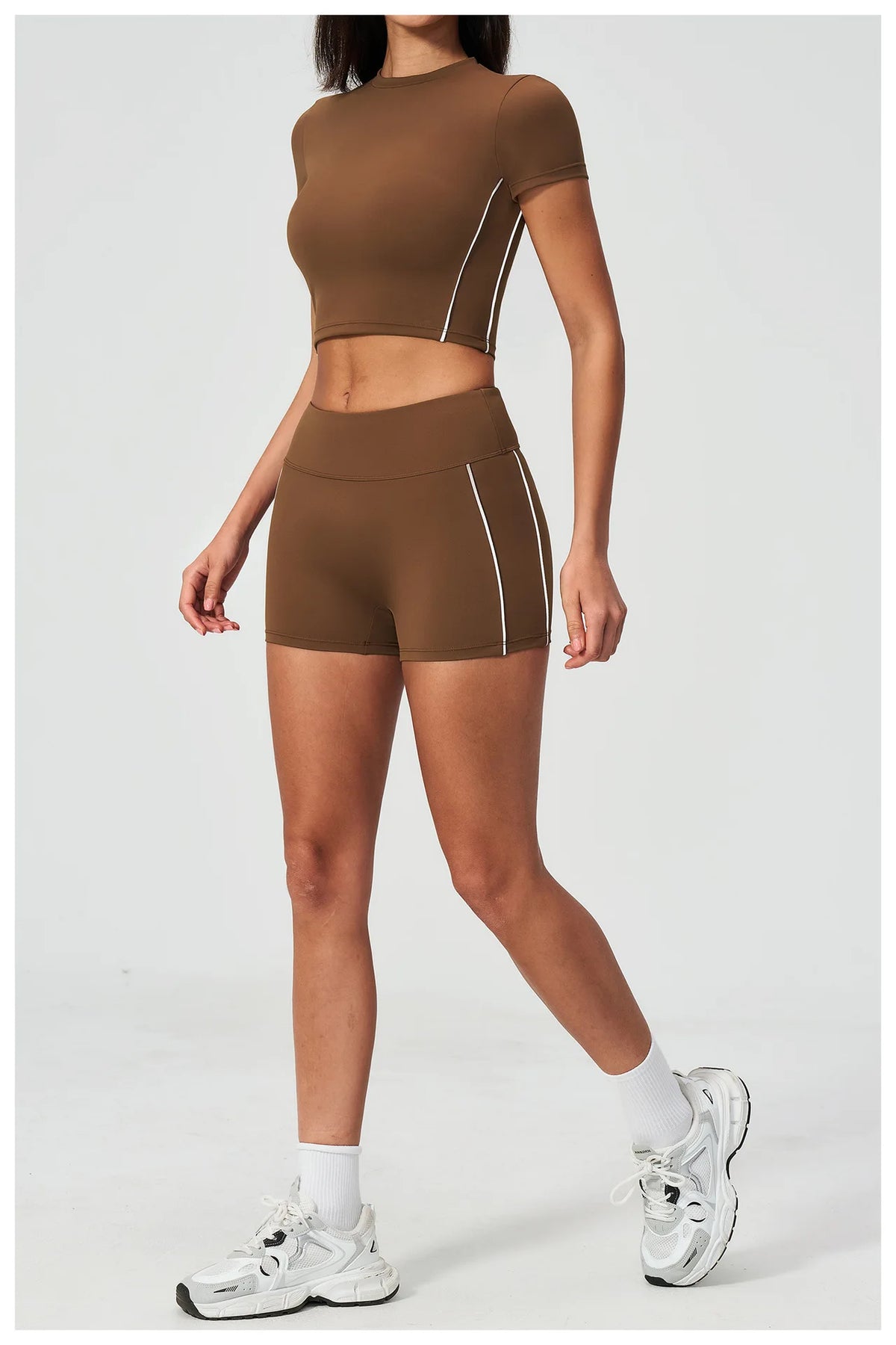 Color Contrast Yoga Suit Women Short Sleeve O Neck Sports T Shirts Tracksuit Outwear High Waist Shorts Gym Running Fitness Suits