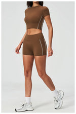 Color Contrast Yoga Suit Women Short Sleeve O Neck Sports T Shirts Tracksuit Outwear High Waist Shorts Gym Running Fitness Suits