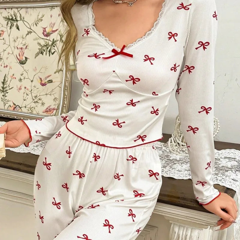Winter Autumn Pajama Set for Women Sleepwear Lace Trim Bows Print Long Sleeve Top & Full-Length Pants Nightwear Loungewear