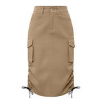 Womens Cargo Midi Skirt High Waist Multi Pocket Pencil Skirt Side Drawstring Ruched Split Hem Bodycon Summer Skirts Streetwear