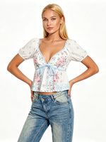 Womens Summer Crop Tops Puff Short Sleeve V Neck Floral Print T-shirts