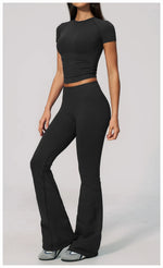 Seamless High Elasticity Yoga Sets Women Short Sleeve O Neck Sports T Shirts Workout Outfits Running Wide Leg Pants Fitness Suit
