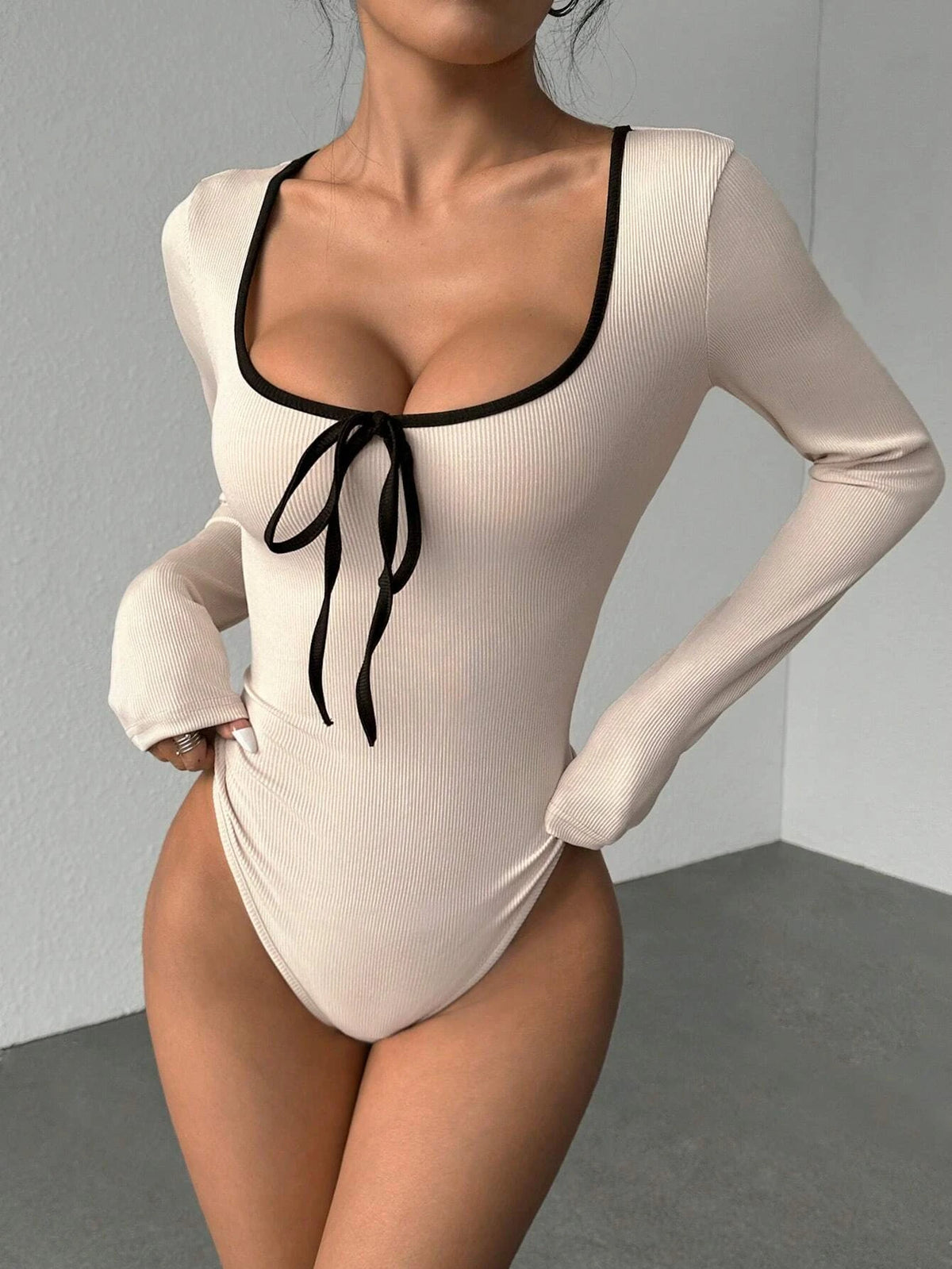 Women's Sexy U-Neck Bowknot Color Block Long Sleeve Bodysuit Casual Slim Fit Rib-knit Bodycon Spring/Fall Streetwear