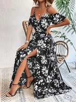 New Summer Women Print Dress 2025 Fashion ElegantVacation Party Short Sleeve Slim V-neck Slit Long Dresses Vestidos Para Mujer