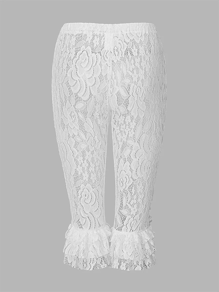 Women Summer Lace Ruffle Capri Leggings Solid Color Sheer Mesh Elastic High Waist See Through Pants