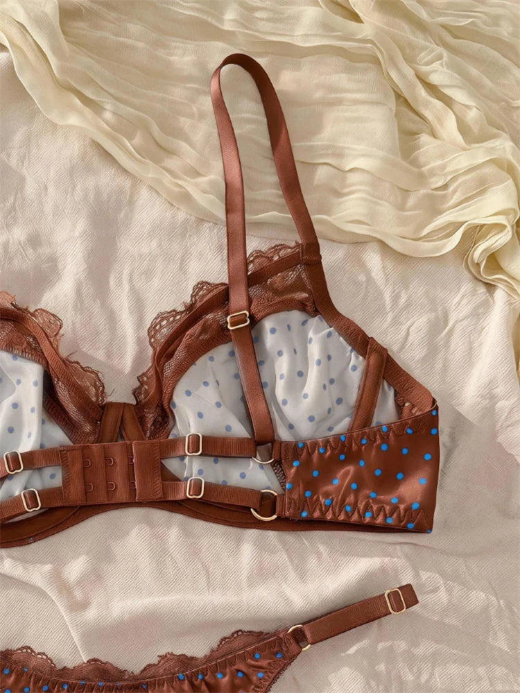 French Retro Brown Satin Lingerie Set Polka Dot Lace Splicing Women's Underwear Luxury Underwire Bra and Panty Set Sexy Intimate