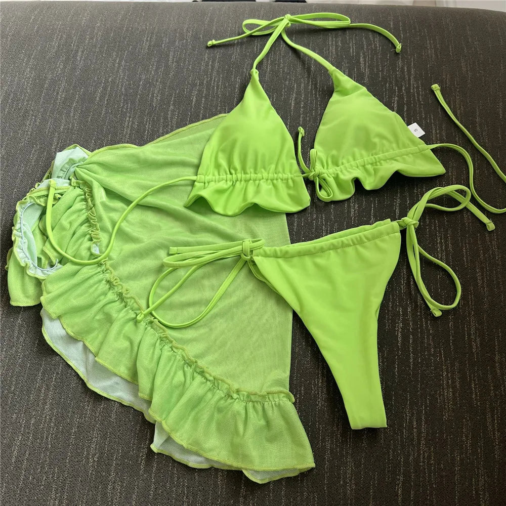 White Mesh Cover Up Swimwear String Halter 3 Piece Bikini Set Micro Thong Swimsuit Beachwear Ruffled Triangle Bikinis 2026 Mujer
