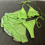 White Mesh Cover Up Swimwear String Halter 3 Piece Bikini Set Micro Thong Swimsuit Beachwear Ruffled Triangle Bikinis 2026 Mujer