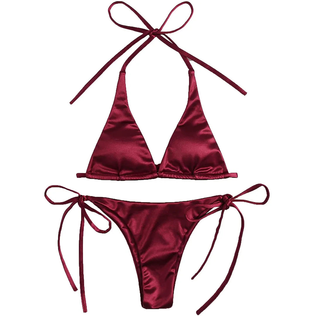 Sexy Satin Halter Brazilian Padded Bikini Female Swimsuit Women Swimwear Two-Pieces Bikini Set Bather Bathing Suit Swim V4966S