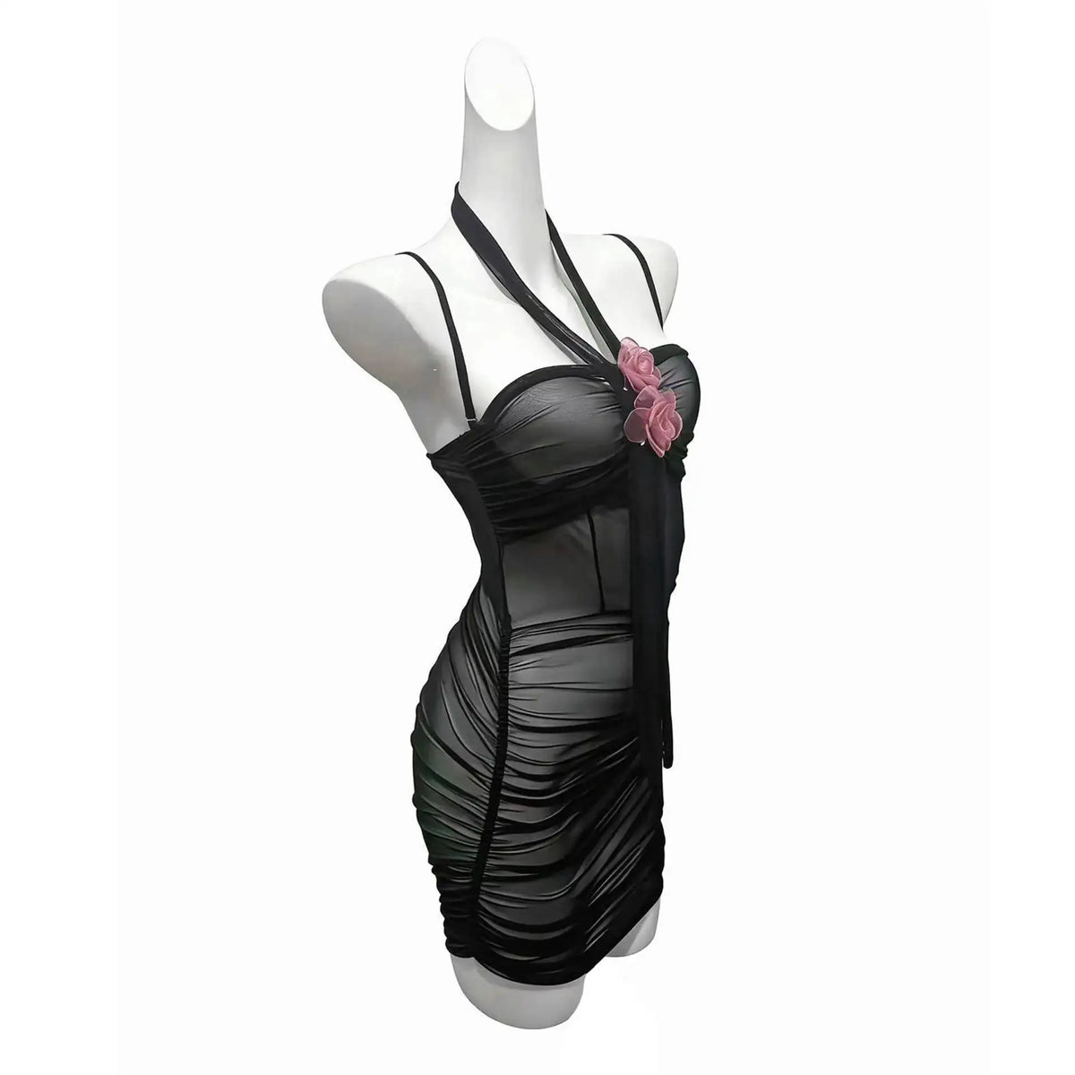 Sexy Transparent Dress Backless Deep V Suspenders Sleeveless Hanging Neck Flower Dress Mesh Pure Desire Casual Style Dress QFZO