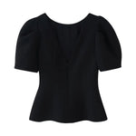 Women's Fashion Casual Bowknot Faux Pearl Puff Sleeve Black Puff Sleeve Bow Detail Peplum Waist Short Sleeve Top For Women Q2Y3