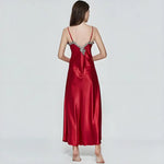 Women's Satin Lace Nightgown Spaghetti Strap Sleeveless Slip Dress Soft V Neck Maxi Sleepwear Silky Chemise Nightdress