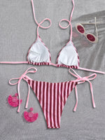 Sexy Pink Striped Micro Bikini 2026 Women Halter Push Up Bra Tie Side Thong Swimsuit Beach Bathing Suit Holiday Swimwear Biquini