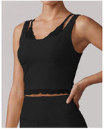 Sexy Fake Two-piece Yoga Tank Top Naked Feel Lace Trim V Neck High Stretch with Bra Pads Gym Running Fitness Dance Tank Top