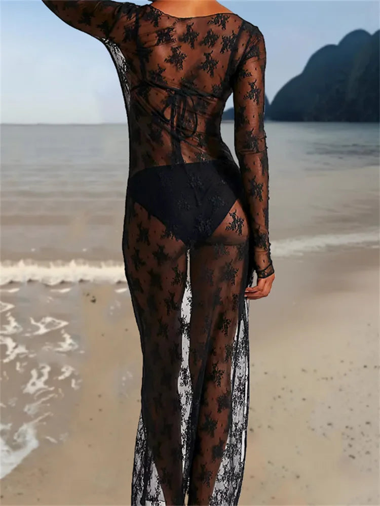 Women See Through Lace Dress Long Sleeve High Slit Dress Summer Sexy Club Beach Dress Swimwear Cover-ups