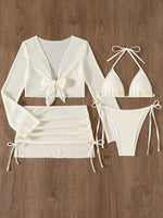 Sexy Mesh White 4 Piece Bikini Set 2025 Women Long Sleeve Cover Up with Skirt Swimsuit Beach Bathing Suit Holiday Thong Swimwear
