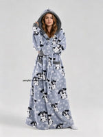 Winter Hooded Flannel Bath RobeCouples Loose Fit Animal Fruit Multi Print Long Loungewear Robe with Belt Double Side Pockets