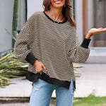 Long Sleeve Crewneck T-Shirt Split Hem Women Striped Oversized Sweatshirt Waffle Knitted Tunic Top Casual Women Sweater