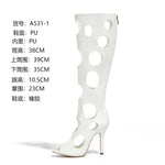 Big Size 43 Sexy Black Hollow Out Summer Boots Women White Thin High Heels Knee High Boots Stiletto Zip-up Peep Toe Party Shoes