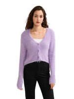 Fall Winter Women Button Down Cropped Knit Cardigan Solid Color Knitwear Fuzzy Long Sleeve V-Neck Loose Sweater