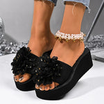 Fashion Flower Design Wedge Slippers Women Summer Sequins Black Platform Slides Female Stylish Anti-Slip High Heel Sandals Mujer