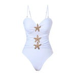 Vintage White Khaki Patchwork Swimwear Women 2026 Starfish Ornament Hollow Pleate One Piece Swimsuit Beach Bathing Suit Monokini