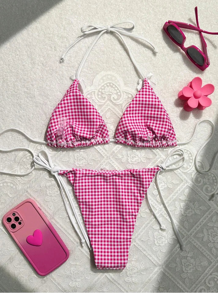 Sexy Micro Bikini 2024 Gingham Print Swimsuit Female Swimwear Women Strings Thong Bikinis Set Bather Beachwear Bathing Suit Pool