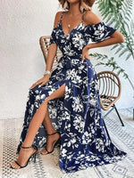 New Summer Women Print Dress 2025 Fashion ElegantVacation Party Short Sleeve Slim V-neck Slit Long Dresses Vestidos Para Mujer
