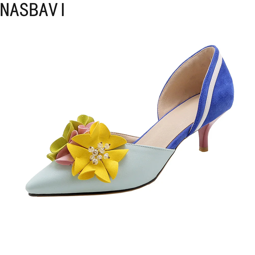 New 2027 Fashion Womens Floral Pointed Toe Flowers Stilettos Lady Mid Heel Shoes Mixed Colors Sandals Pumps Wedding Bridal Heels