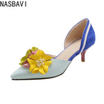 New 2027 Fashion Womens Floral Pointed Toe Flowers Stilettos Lady Mid Heel Shoes Mixed Colors Sandals Pumps Wedding Bridal Heels