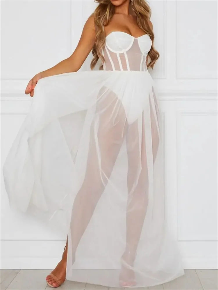 2026 Fashion Mesh Sheer Bodysuit Dress Ladies Sleeveless Bikini Cover Ups Summer Dress Club Party Beach Sexy Dresses Female