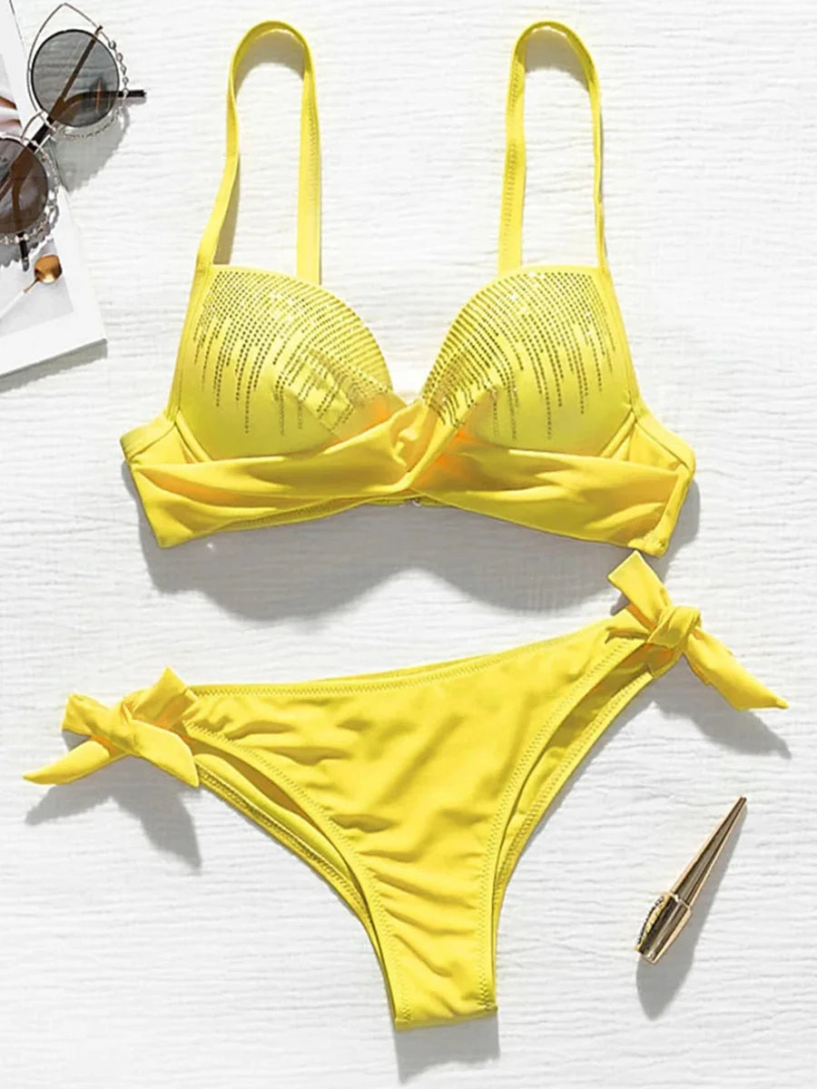 Shiny Sequins Diamond Push Up Bikini 2026 Female Swimsuit Women Swimwear Two Pieces Bikini Set Bra Cup Bathing Suit Swim Lady