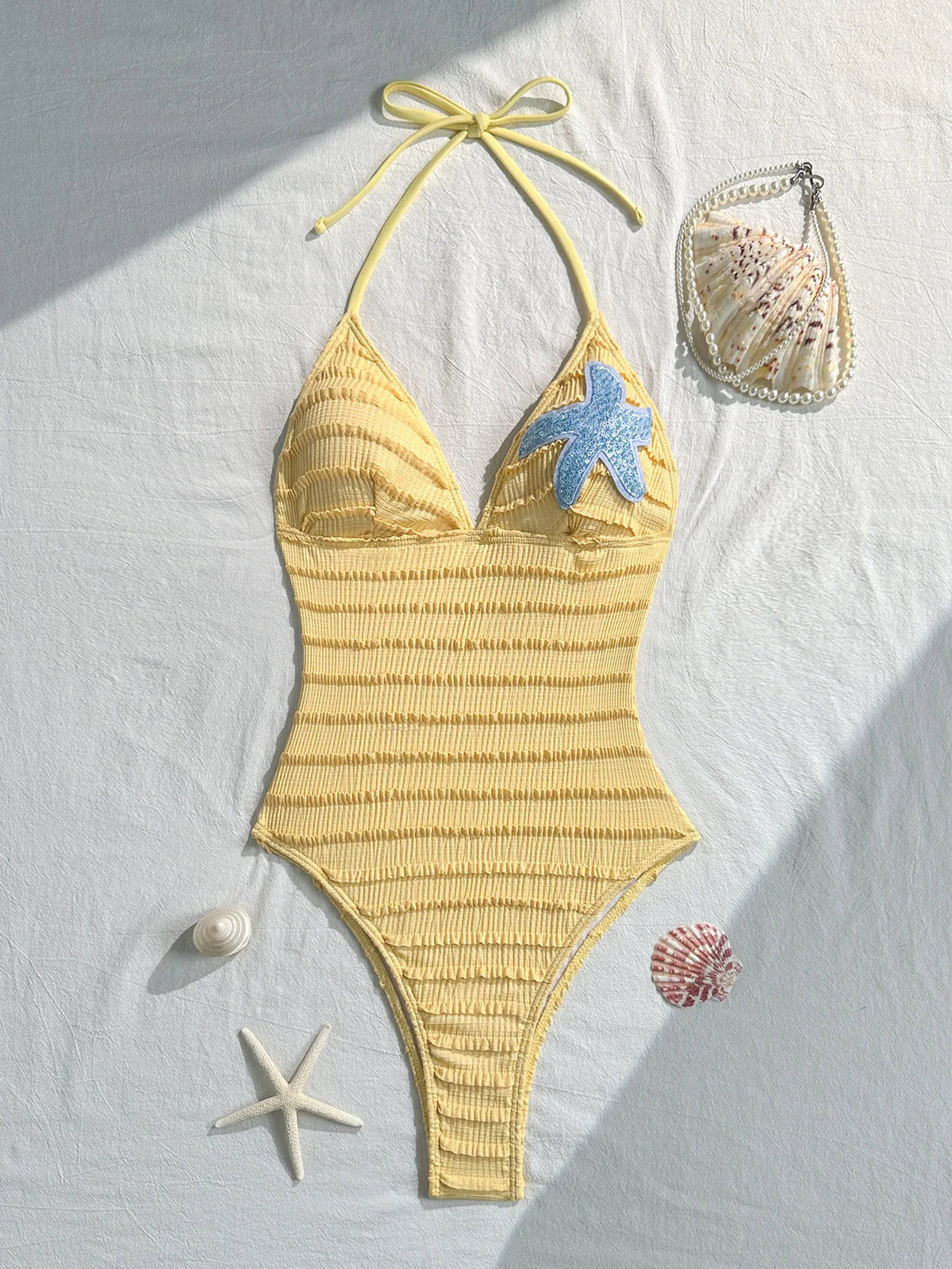Sexy Holiday Swimwear Women 2026 Blue Sequin Starfish V Neck Hollow Out Backless Tummy Control Bathing Suit One Piece Swimsuit