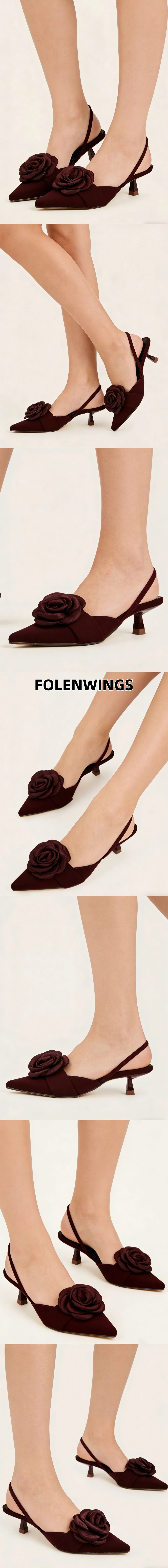 2026 Big Size 43 Summer Women's Pointy Toe Kitten Heels Slingback Satin Sandals Elegant Sandal Rose Flower Office Lady Shoes