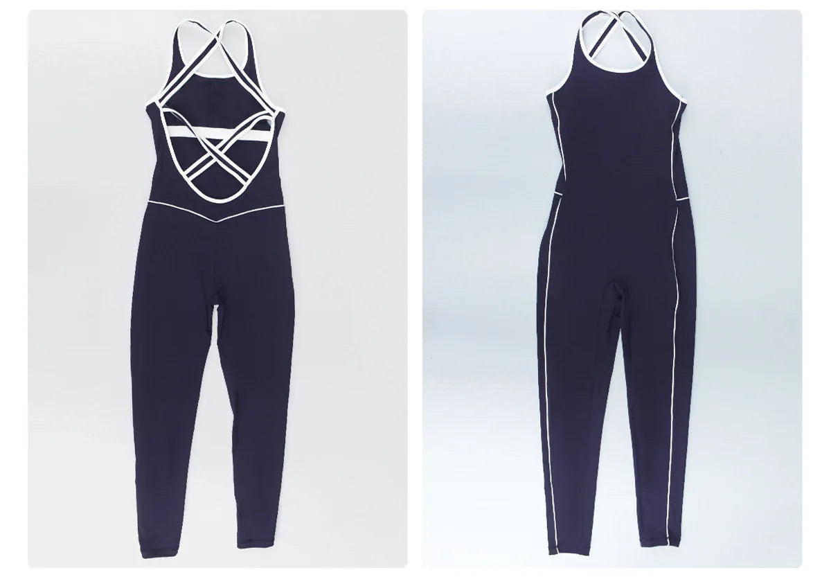 High Stretch Body Shaping Yoga Jumpsuit Women Black Patchwork Hollow Out Back Cross Fitness Sports One Piece Workout Bodysuits