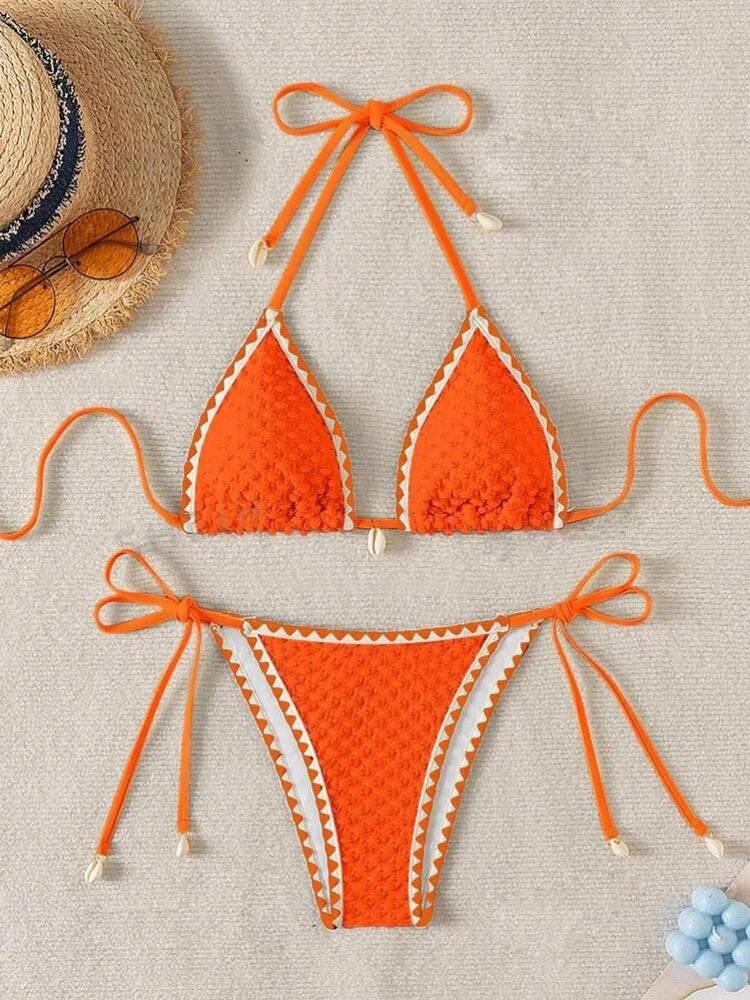 Sexy White Contrast Bikinis Sets 2026 Women Shell Ornament Push Up Tie Side Thong Swimsuit Summer Bathing Suit Micro Swimwear
