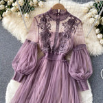 2 Pcs/Set Women Dress Suit Floral Embroidery See-through Lace Lantern Sleeves Pleated A-line Elastic Waist Dress Slip Dress Suit