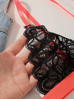 Women Contrast Strap Lace Lingerie Set Deep V Bralette & Thong 2 Pieces Sexy See Through Floral Lace Intimate Underwear C3075