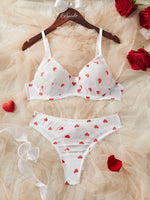White Heart Print Lace Trim Underwear Set Women's Lingerie Bra And Panty Set For Valentine's Day