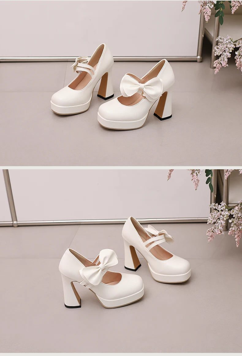 Plus Size Women's Bow Mary Janes Platform Chunky Heels Ankle Strap High Heel Pumps Sweet Lolita Party Dress Shoes