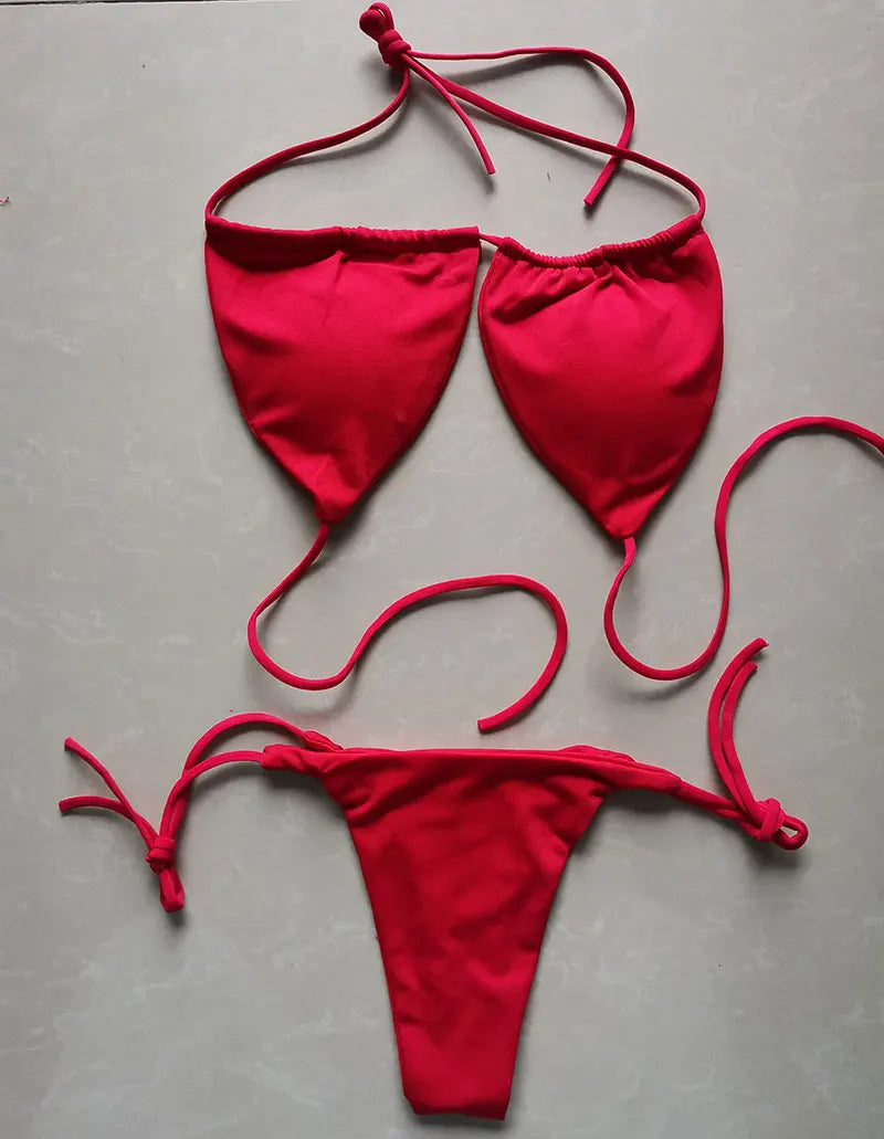 Summer Sexy Bikini set Push-up padded Bra Thong Split Swimwear Female Bandage Bathing Suit Adjustable Lacing Swimsuit Solid