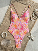 Sexy Pink Floral Print Swimwear Women 2026 Deep V Neck Slim Tummy Control One Piece Swimsuit Beach Hoiday Bathing Suit Monokini