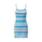 2026 Summer Women's Dress Bohemian Stylish Striped Knitted Tassel Hem Spaghetti Strap Bodycon Mini Dress Casual Beach