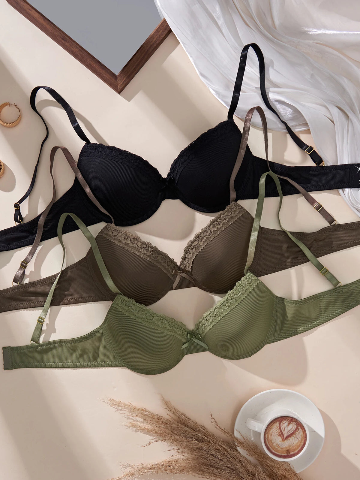 3-Pack Ribbed Women's Underwear Set Everyday Push up Bra Lace Trim Splicing Sexy Bras Comfortable Thin Cup Underwire Women's Bra